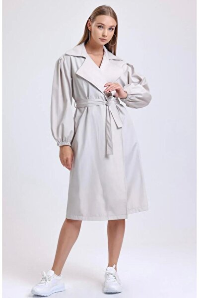 cottonage Kadın Çift Cepli Balon Kollu Kuşaklı Trençkot