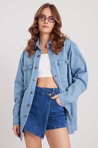 Tudors Kadın Oversize Geniş Kesim Denim Kot Çift Cepli Mavi Overshirt Ceket Tarzı Gömlek