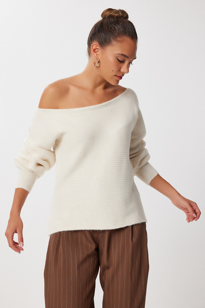 Lovelyİstanbul Nyitott vállú gyapjúkeverék túlméretezett pulóver LİY0001 KRÉM