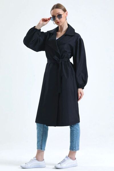 cottonage Women's Double Pocket Balloon Sleeve Belted Trench Coat