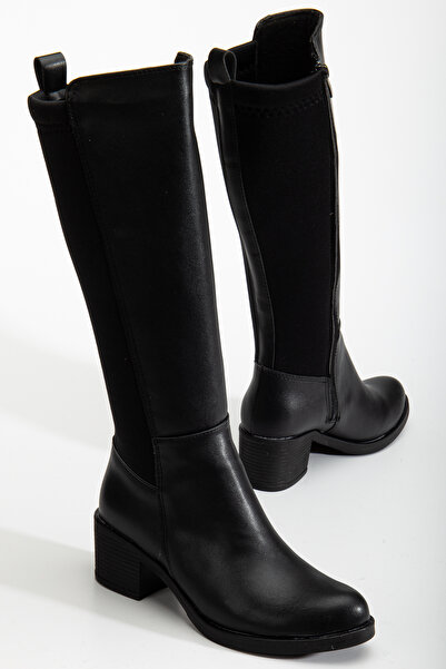 DİORİN Siyah Dalgıç, Streç Kumaş Detaylı Esnek Konçlu Kadın Çizme