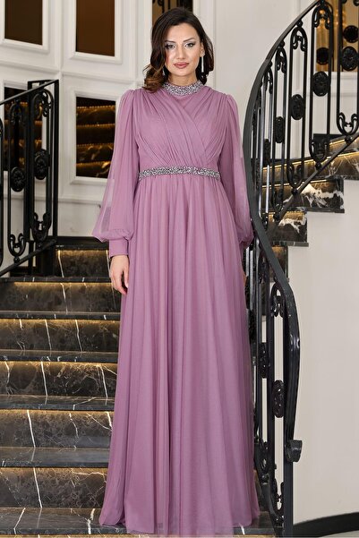 Aynur Tesettür فستان سهرة محتشم من نرجيز، فستان سهرة محتشم من قماش التول، فست...