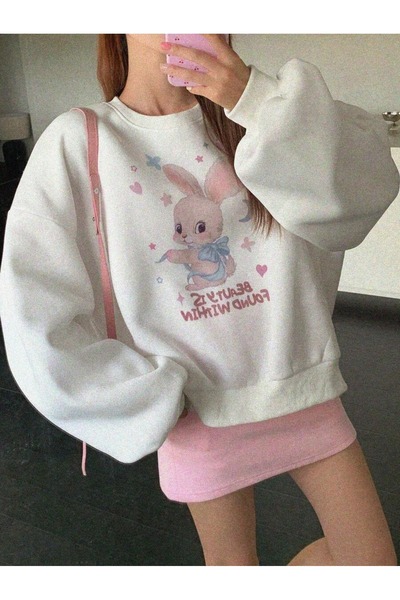 OVER HEAD Γυναικείο φούτερ με λαιμόκοψη λευκό Cute Rabbit με τύπωμα