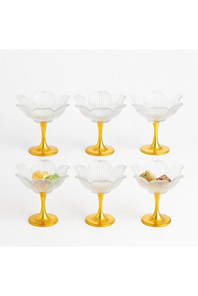 FAIR HOME طقم أوعية زجاجية طويلة من المعدن الذهبي على شكل زهرة اللوتس لتقديم الحلوى التركية - 6 قطع