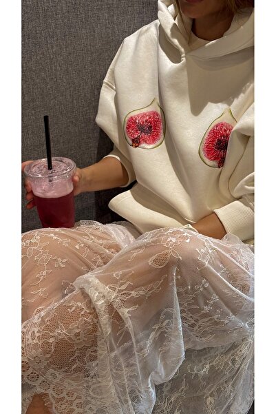 Gia Collection هودي نسائي كبير الحجم مطبوع عليه شكل شرائح التين باللون الأبيض - بغطاء للرأس، جيوب كانغارو، صوف بثلاث خيوط