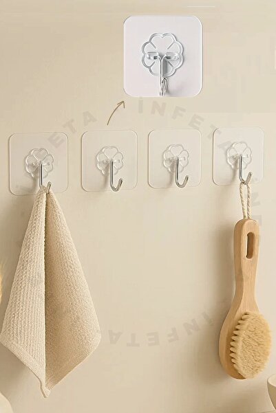 İnfeta 1 Adet Şeffaf Yapışkanlı Askı Metal Uçlu Güçlü Banyo Mutfak Kapı Askısı