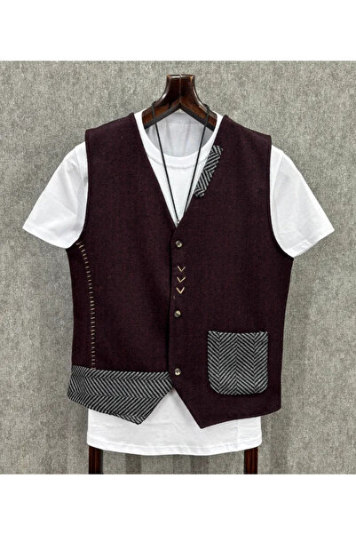 FıttingRoom Regular Handcrafted Detailed Herringbone Burgundy Cotton Cashmere Vest