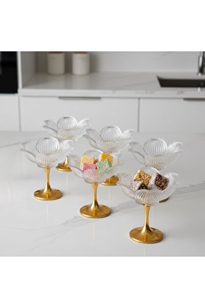 FAIR HOME طقم أوعية زجاجية طويلة من المعدن الذهبي على شكل زهرة اللوتس لتقديم الحلوى التركية - 6 قطع