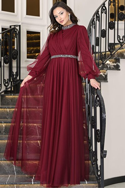 Aynur Tesettür فستان سهرة محتشم من نرجيز، فستان سهرة محتشم من قماش التول، فست...