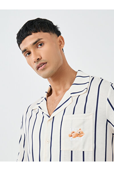 Styli Men Cream Striped Resort Collar Shirt and Shorts Set