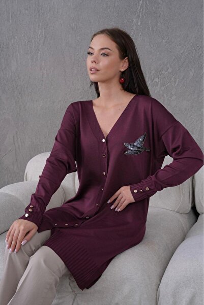 YGT Metal düğmeli kuş detaylı Soguk iplik hırka