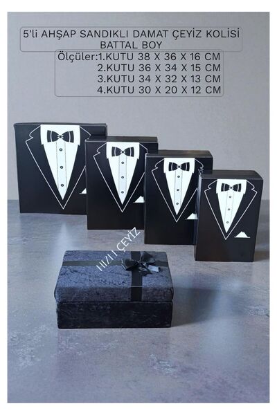 lotusa 5'li AHŞAP SANDIKLI DAMAT ÇEYİZ KOLİSİ BATTAL BOY Kurdelalı