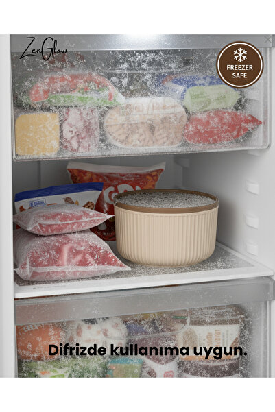 ZenGlow Set of 4 Round Storage Containers Striped Beige |   2.5L 1.5L 0.80L 0.45L |   Microwave and Freezer Compatible