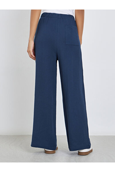 Styli Women Navy Blue Double Gauze Wide Leg Pants