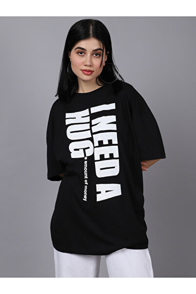Door74 By Styli Women Black Oversized Graphic Print T-Shirt