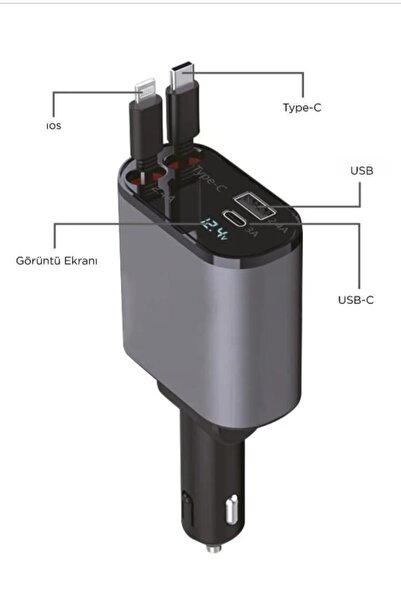 Başkenttekno 100W Süper Hızlı Araç Şarj Cihazı – Çift Type-C & Lightning Kablo, Dijital Göstergeli, 80cm Kablo
