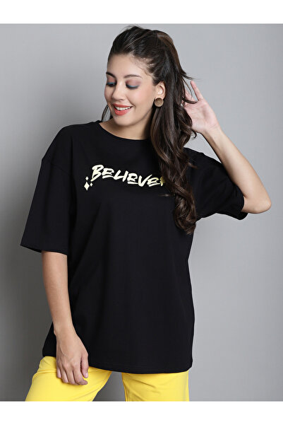 Door74 By Styli Black Oversized Graphic Print T-Shirt