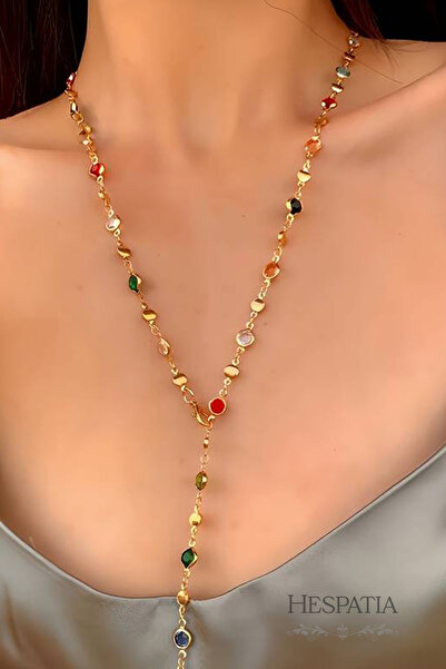 hespatia قلادة نسائية بسلسلة طويلة مرصعة بالأحجار الملونة