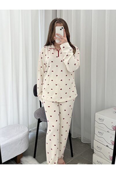 Lena Homewears Kırmızı Kiraz Desenli Ekru Waffle Premium Pijama Takımı