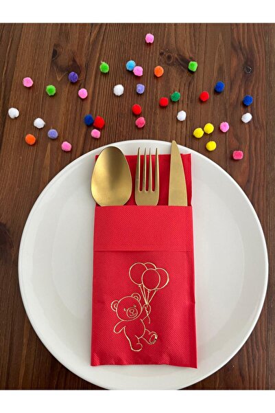 kidspartim مناديل مطبوعة على شكل دب لطيف مع جيوب كانغارو، مطلية بالذهب على خلفية حمراء، 12 قطعة