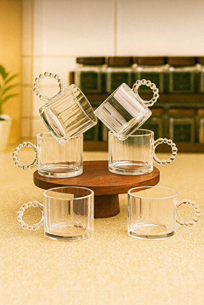 silvia home decor 6 Adet Cam Bardak Boncuk Kulplu Kupa Çay Kahve Meşrubat Bar...