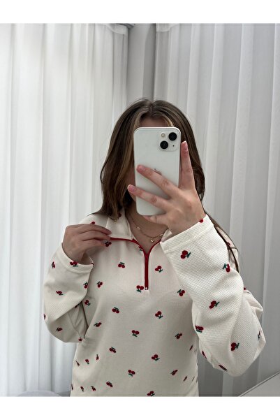 Lena Homewears Kırmızı Kiraz Desenli Ekru Waffle Premium Pijama Takımı