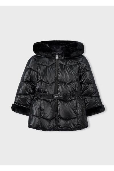 MAYORAL معطف طويل لامع بحزام وغطاء رأس مزين بالفرو للفتيات 4448 أسود