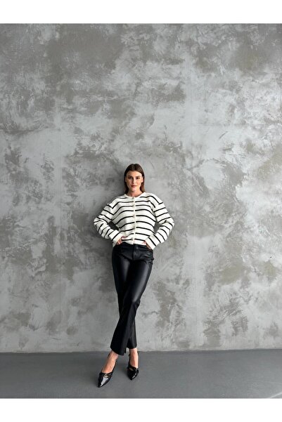 hiraz fashion Women's Ecru Striped Cardigan