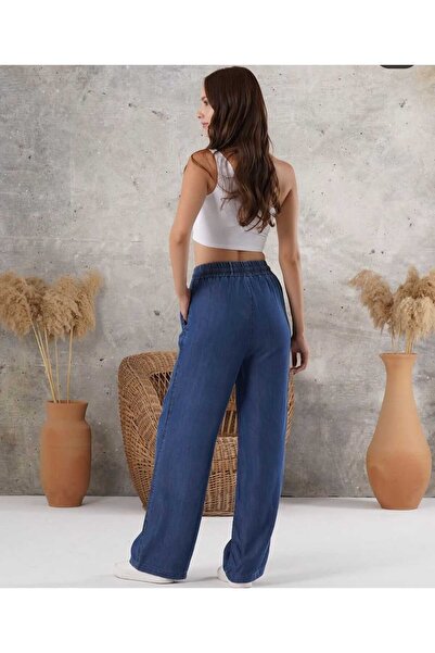 moda camiya Beli Lastikli Tansel Kumaş Kadın Rahat Yüksek Bel Geniş Paça Palazzo Hafif Akıcı Kot Pantolon