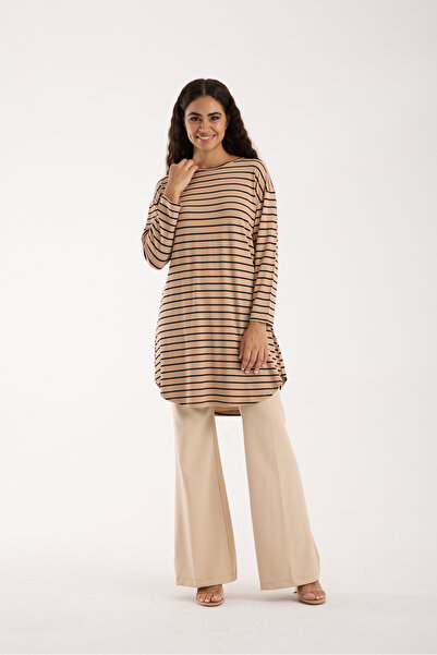MODA VUSLAT Women's Camel Color Striped Long Sleeve Tunic