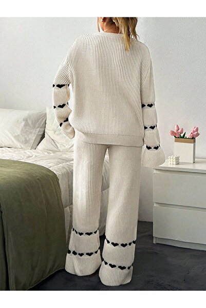 GALAVİP Women's Knitwear Double Set Casual Sweater ↬   Pants→ Hearted Knitwear Set