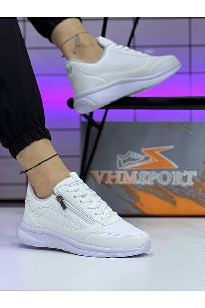 Vhm Sport Unisex White Sneakers |   Comfortable Daily Walking Shoes with Zipper and Laces