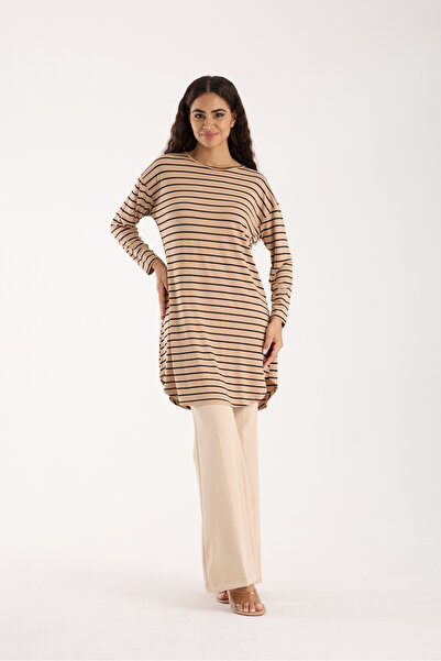 MODA VUSLAT Women's Camel Color Striped Long Sleeve Tunic