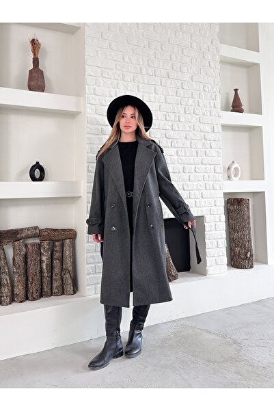 Ekim Store Kaşe Kolu Kemerli Düğmeli Kaban