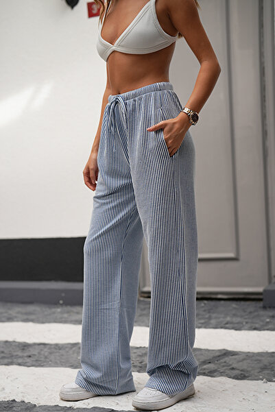 Sun Victoria Γυναικείο χειμερινό μπλε ναυτικό χρώμα Premium ποιότητας με ρυθμιζόμενο ύψος μέσης, ριγέ τσέπες, φαρδιά φούτερ με φαρδιά πόδια