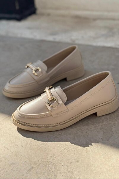 I Love Shoes Duvra Mat Deri Bej Gold Toka Detaylı Kadın Loafer