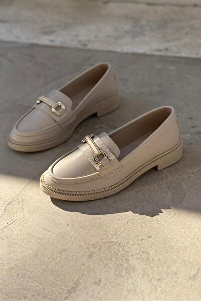 I Love Shoes Duvra Mat Deri Bej Gold Toka Detaylı Kadın Loafer