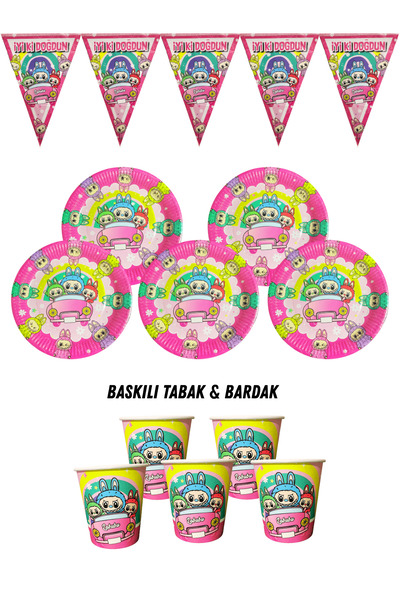 HAPPYLOOPPARTY Labubu 16 Kişilik Tabak , Bardak , Flama Bayrak Doğum Günü Set