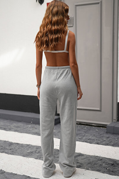 Sun Victoria Γυναικείο χειμερινό γκρι φούτερ υψηλής ποιότητας με ρυθμιζόμενη μέση, ριγέ τσέπες και φαρδύ πόδι