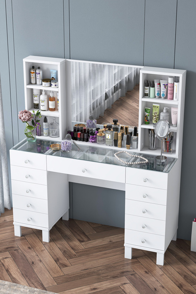 Rani Mobilya Rani Bj136 Makyaj Masası 11 Çekmeceli Raflı Aynalı Takı Düzenleyici Beyaz