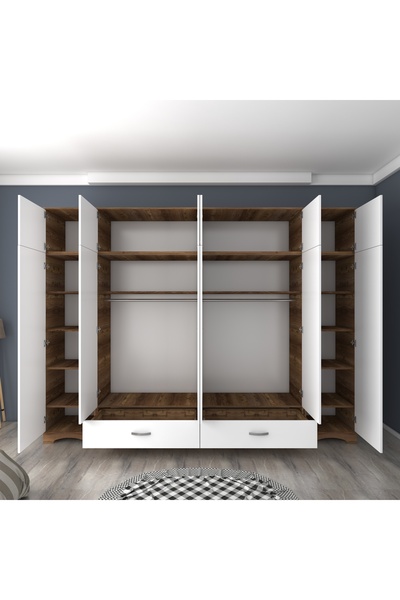 Rani Mobilya Rani BA133 Geniş Gardırop Elbise Dolabı 12 Kapaklı 16 Raflı 2 Askılı Minyatür Ceviz - Beyaz