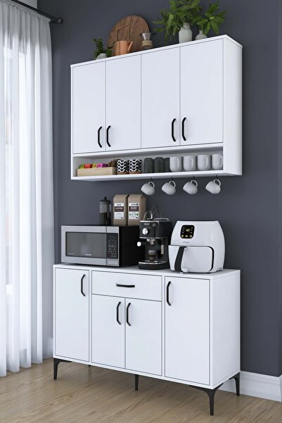 Rani Mobilya Rani JE205 Kahve Köşesi Çok Amaçlı Dolap 8 Kapaklı 1 Çekmeceli Mutfak Dolabı Beyaz