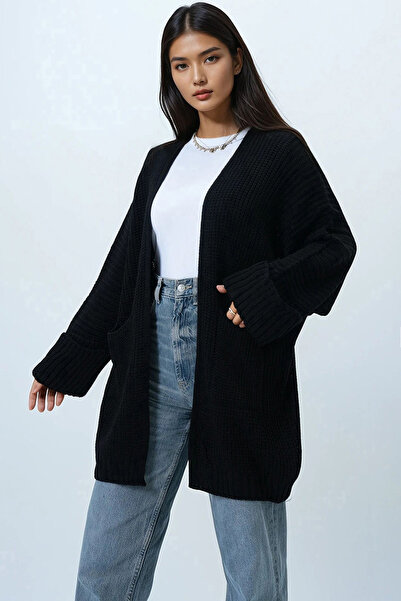 Trend Alaçatı Stili Kadın Siyah Çift Cepli Duble Kol Selanik Örgü Uzun Triko Hırka Alc-X14439