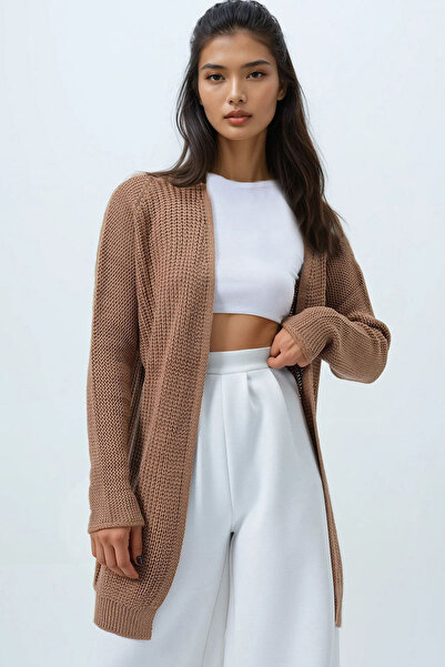 Trend Alaçatı Stili Дамски дълъг базов кардиган Biscuit Thessaloniki Knit Alc-X14442