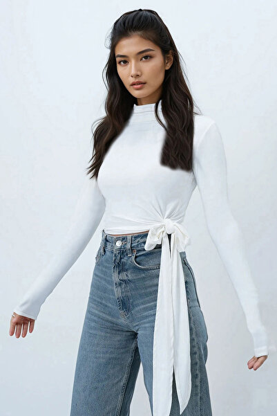 Trend Alaçatı Stili Weiße Damenbluse mit Rollkragen und Taillenband, Sandy Bluse Alc-X14394