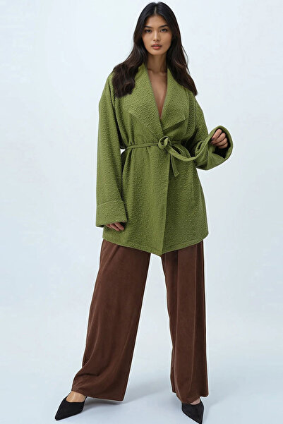 Trend Alaçatı Stili Women's Green Shawl Collar Self Textured Belted Long Jacket Alc-X14481