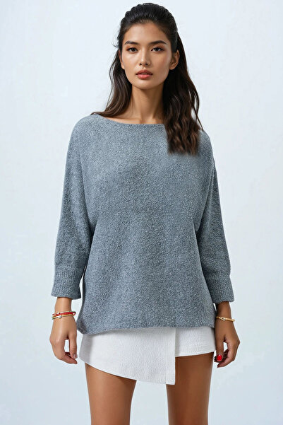 Trend Alaçatı Stili Kadın Gri Kayık Yaka Yarasa Kol Buklet Triko Kazak Alc-X14441