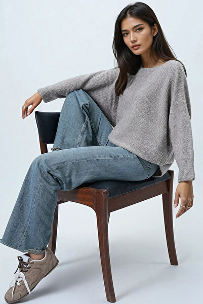 Trend Alaçatı Stili Kadın Vizon Kayık Yaka Yarasa Kol Buklet Triko Kazak Alc-X14441