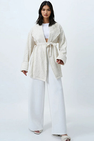Trend Alaçatı Stili Women's Ecru Shawl Collar Self Textured Belted Long Jacket Alc-X14481