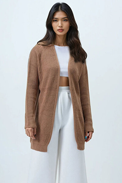 Trend Alaçatı Stili Дамски дълъг базов кардиган Biscuit Thessaloniki Knit Alc-X14442